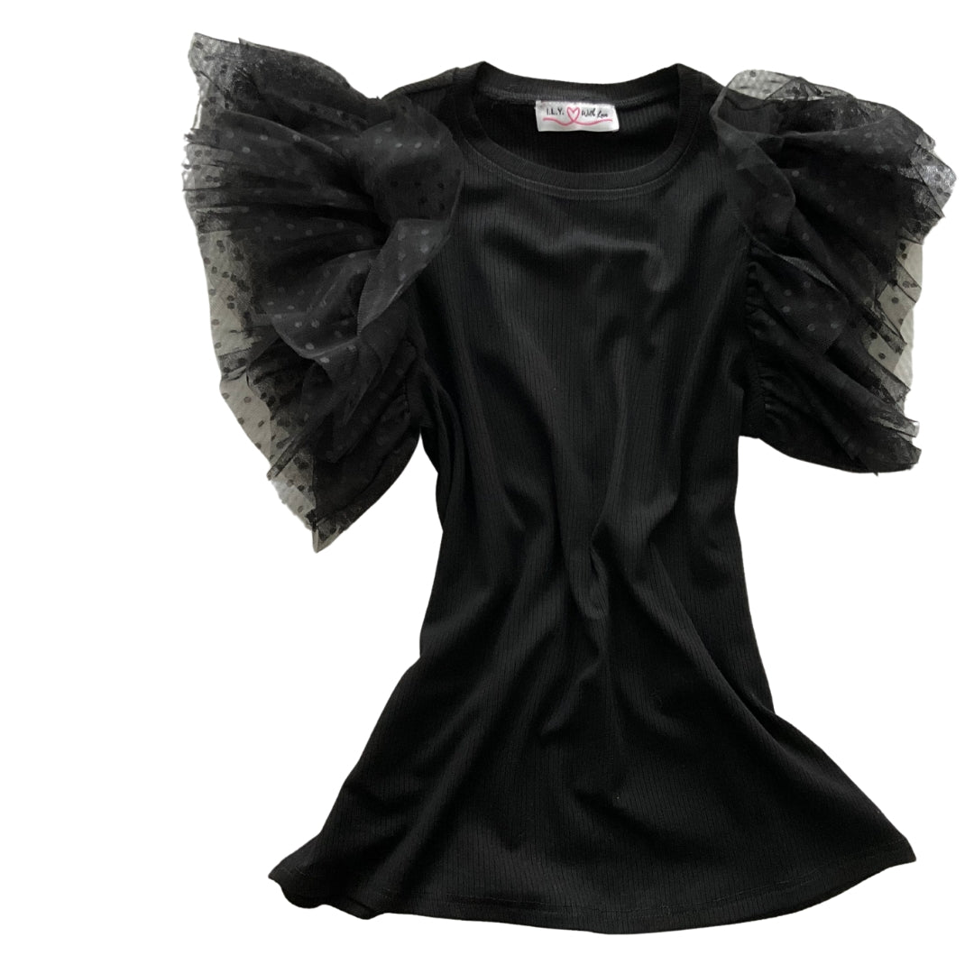 Love by ILY Mesh Ruffle Sleeve Ribbed Knit Shirt - Love by ILY